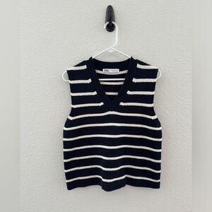 Zara Navy and White Striped Knit Crop Vest